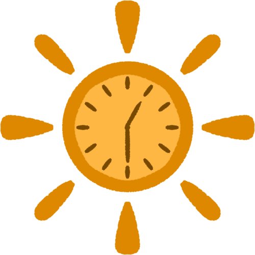  a yellow sun with the centre shaped like a clock which is pointing to about one o'clock.